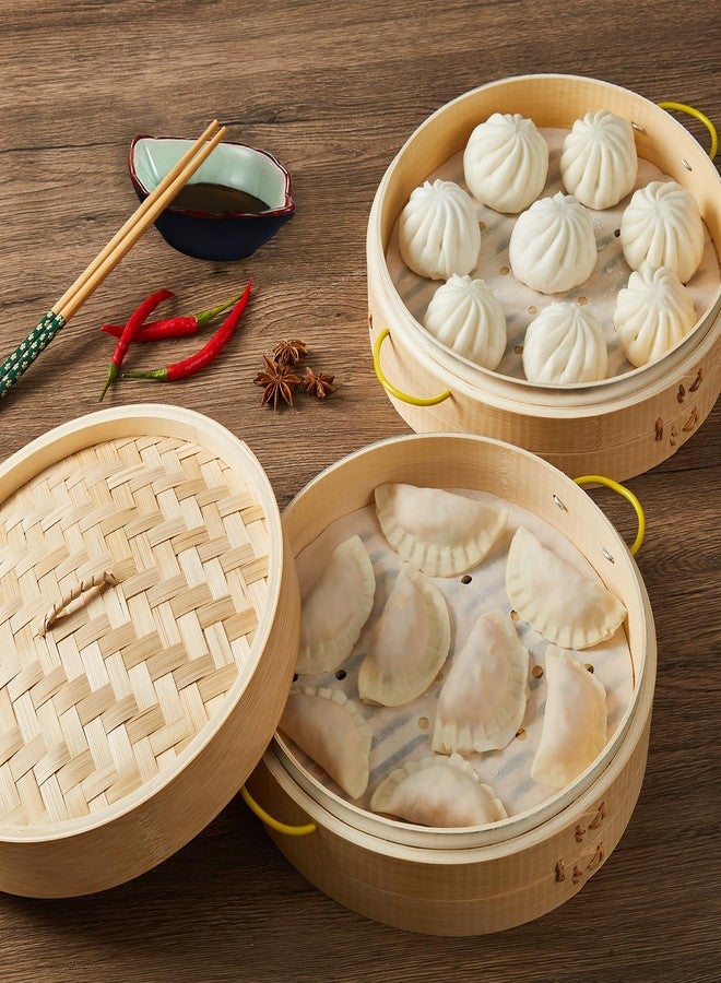 MacaRio Bamboo Steamer Basket Set 10 inch Steamer for Cooking, with Side Handles Chopsticks Ceramic Sauce Dishes Paper Liners, for Dim Sum Dumplings Buns Seafoods Rice Asian Foods - Image 2